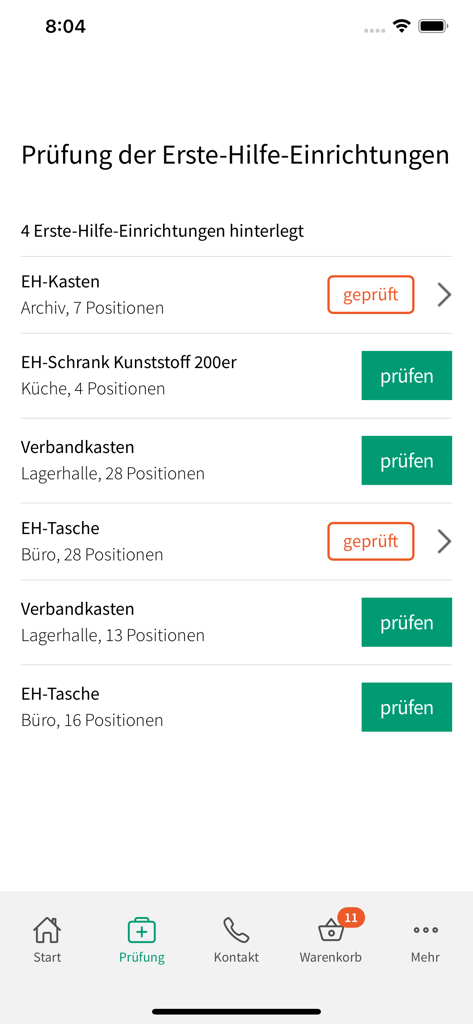Mobile app interface showing a list of first aid kits and their inspection status for workplace safety