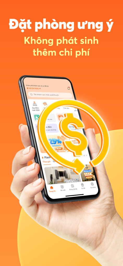 Go2Joy - Đặt phòng theo giờ - Main tenant un smartphone affichant l'interface de l'application Go2Joy avec une icône de signe dollar brillante représentant l'absence de frais de réservation cachés