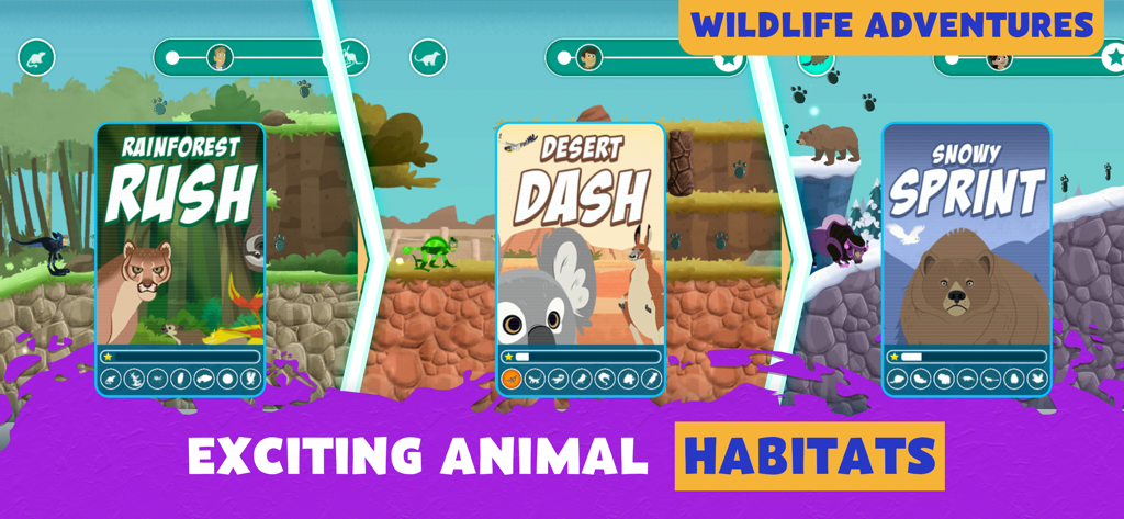 Wild Kratts Rescue Run - Habitat selection screen in Wild Kratts Rescue Run showing Rainforest Desert and Snowy levels