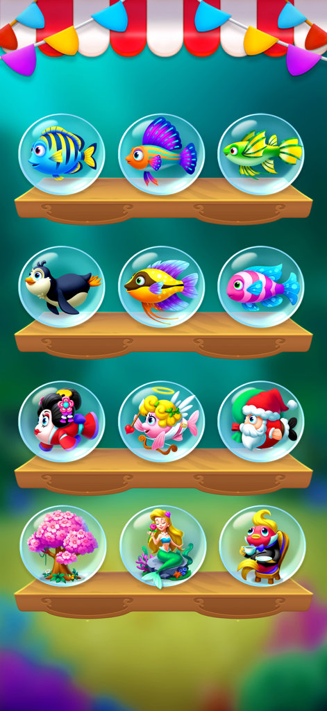 Solitaire Ocean - Una colección de peces coloridos y personajes oceánicos mostrados en burbujas en estantes en Solitaire Ocean