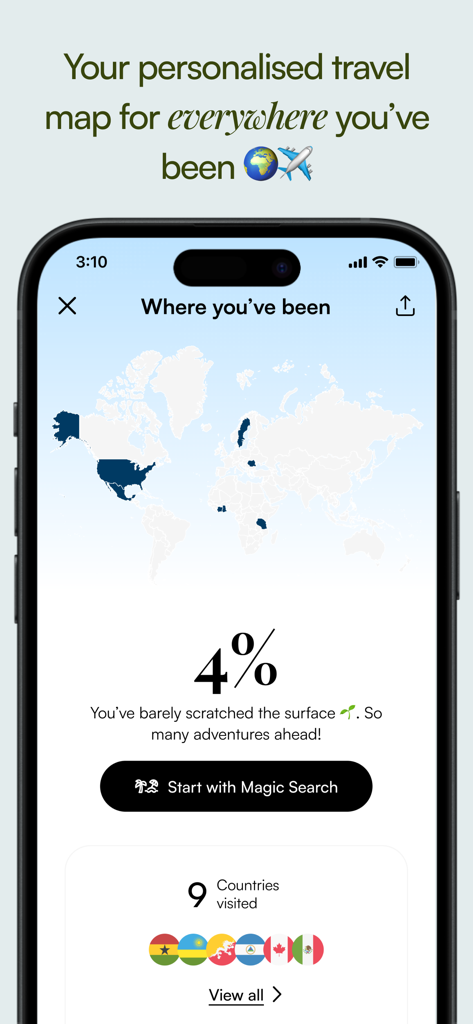 Trip o'clock: Travel anywhere - Um mapa de viagem mundial personalizado no aplicativo Trip o'clock mostrando países visitados e progresso da viagem