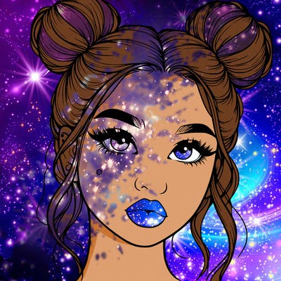 realistic girl with two buns on her hair and lips