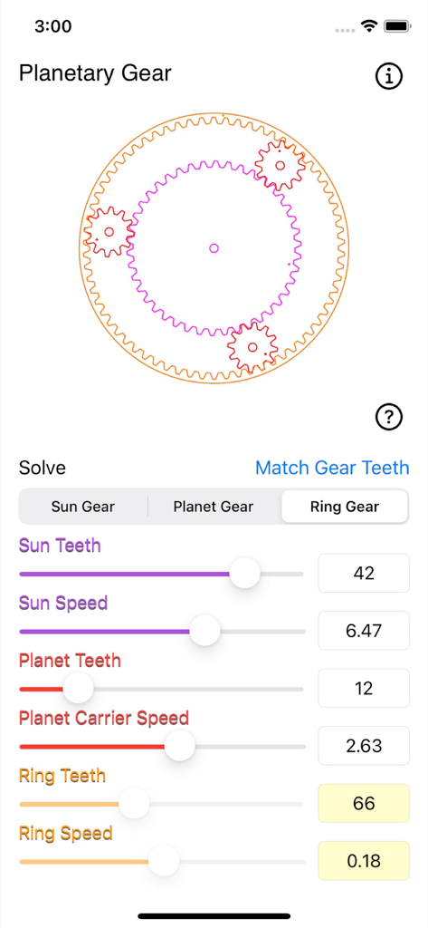 Interfaz de la aplicación Calculadora de Engranajes Planetarios mostrando una simulación interactiva de engranajes con deslizadores ajustables para el recuento de dientes y la velocidad