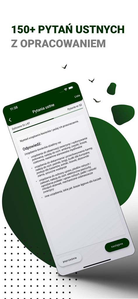 Pantalla de smartphone que muestra preguntas de examen oral y respuestas detalladas en la aplicación de caza Egzamin Łowiecki