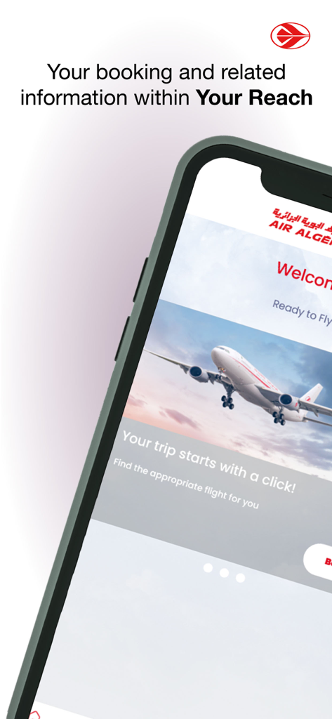 Smartphone displaying the Air Algérie mobile app welcome screen for flight booking.