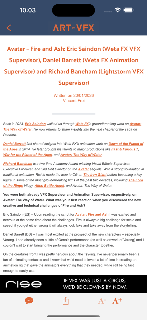 The Art of VFX - The Art of VFXアプリのモバイル記事インターフェース。Weta FXのスーパーバイザーとのアバターの炎と灰に関するインタビューが特集されています。
