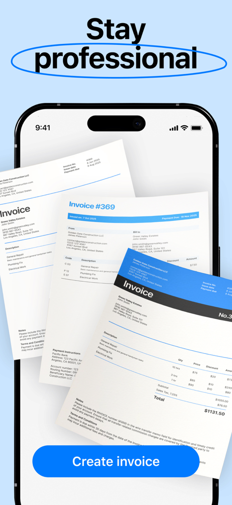 Professional invoice templates displayed on a mobile phone screen.