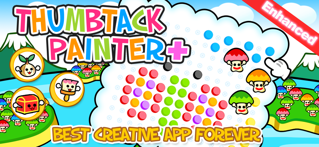 Thumbtack Painter Plus - Interfaz colorida de tablero digital de clavijas de Thumbtack Painter Plus con personajes de hongos y clavijas vibrantes