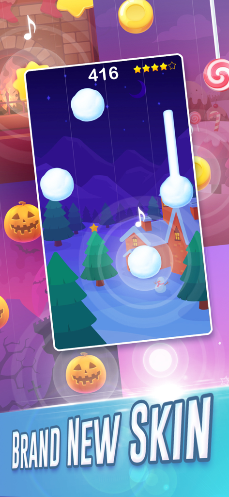 Juego móvil Dream Piano con una nueva skin de invierno con copos de nieve como notas de ritmo