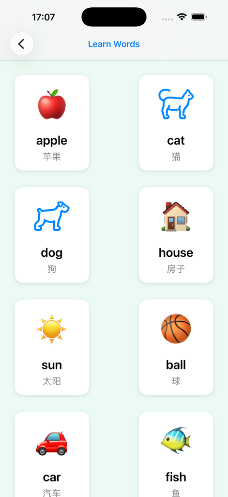 Poco World -儿童英语启蒙乐园，边玩边学更有效 - Bilingual English and Chinese vocabulary flashcards for kids in the Poco World app.