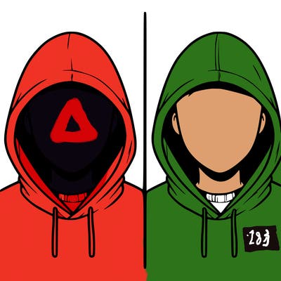 a person with a hoodie and no face, the drawing is split in 2