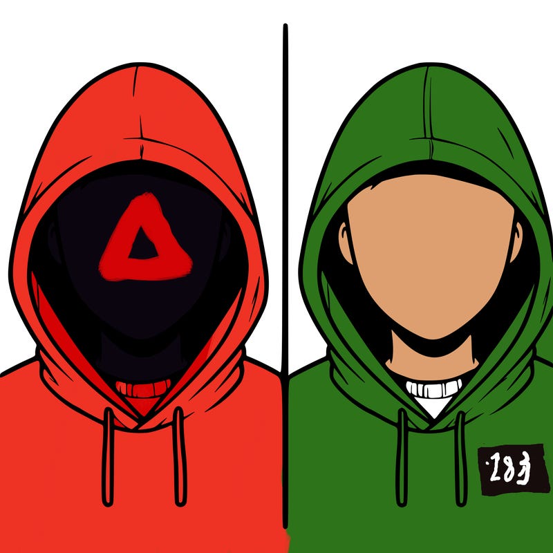 a person with a hoodie and no face, the drawing is split in 2