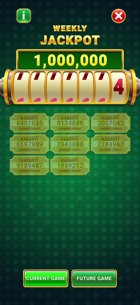 Kazanti: Fortune Tickets - Kazantiアプリ画面、100万のウィークリージャックポット賞金といくつかのゴールデン宝くじチケットを表示