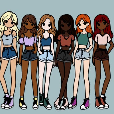 a group of girls wearing crop tops and shorts