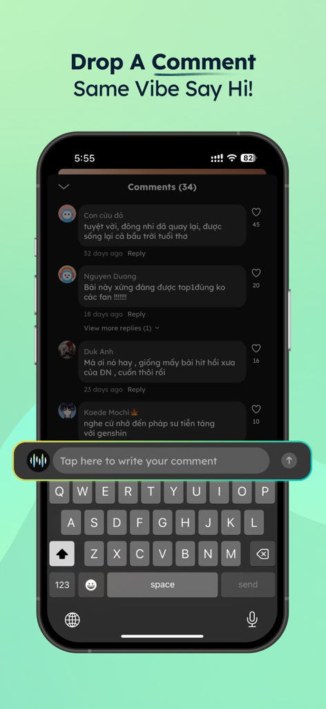 Smartphone screen showing the comments section of the NhacCuaTui music app with a keyboard open to type a message.
