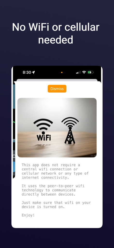 TourTalk: For Tour Guides - Screenshot of TourTalk app explaining peer to peer offline communication without wifi or cellular data