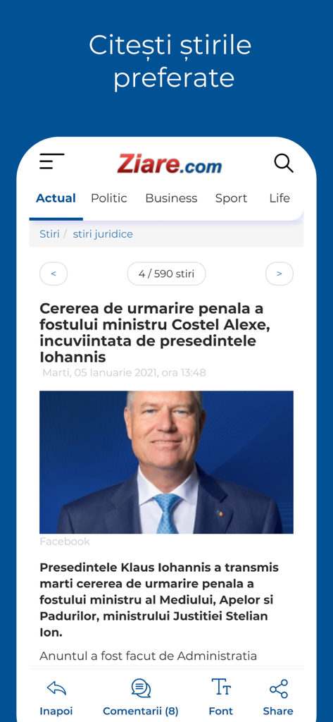 Ziare.com 모바일 앱의 스크린샷으로 루마니아 정치 뉴스 기사가 표시됩니다.