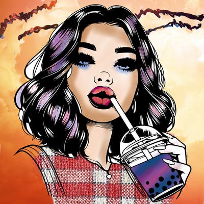 realistic girl with glossy lips holding boba