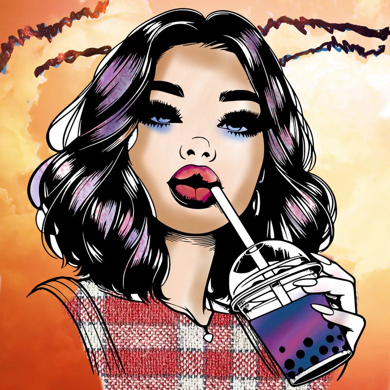 realistic girl with glossy lips holding boba