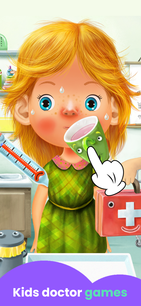A cartoon girl with a fever being treated with medicine in the Doctor Games for Kids app