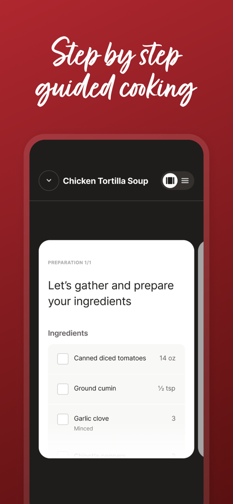 Instant Connect ™ - La pantalla de la aplicación Instant Connect muestra una lista de verificación de cocina guiada paso a paso y de ingredientes para Sopa de Tortilla de Pollo