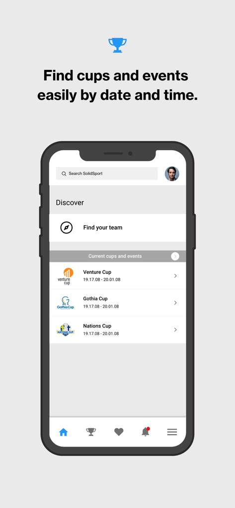 SolidSport - Mobile app screen showing the search interface for discovering local sports cups and events