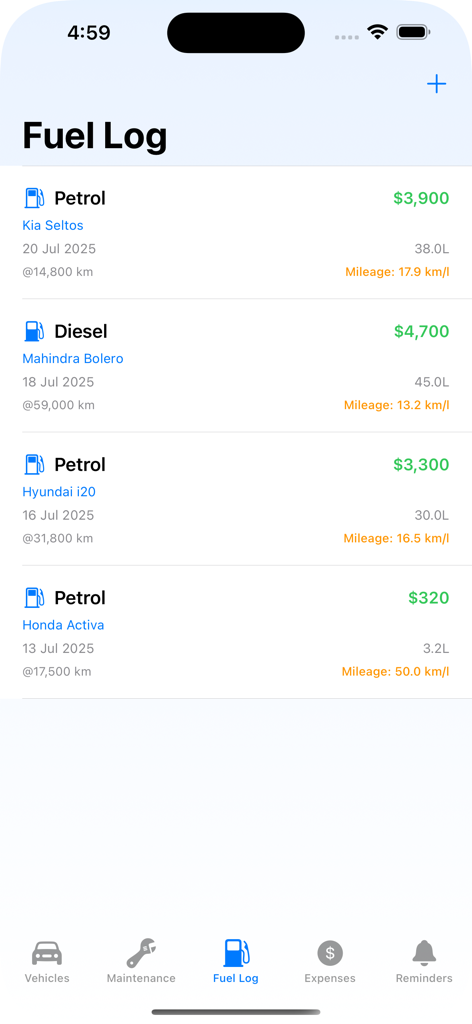 MyCarLog: Vehicle Tracker - Painel detalhado de registro de combustível no aplicativo MyCarLog exibindo custos, quilometragem e tipos de combustível para vários veículos