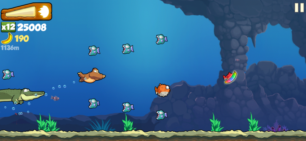 Banana Kong - Kong swimming through an underwater cave avoiding a crocodile and fish while collecting a rainbow banana.