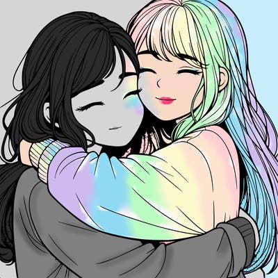 realistic two girls hugging