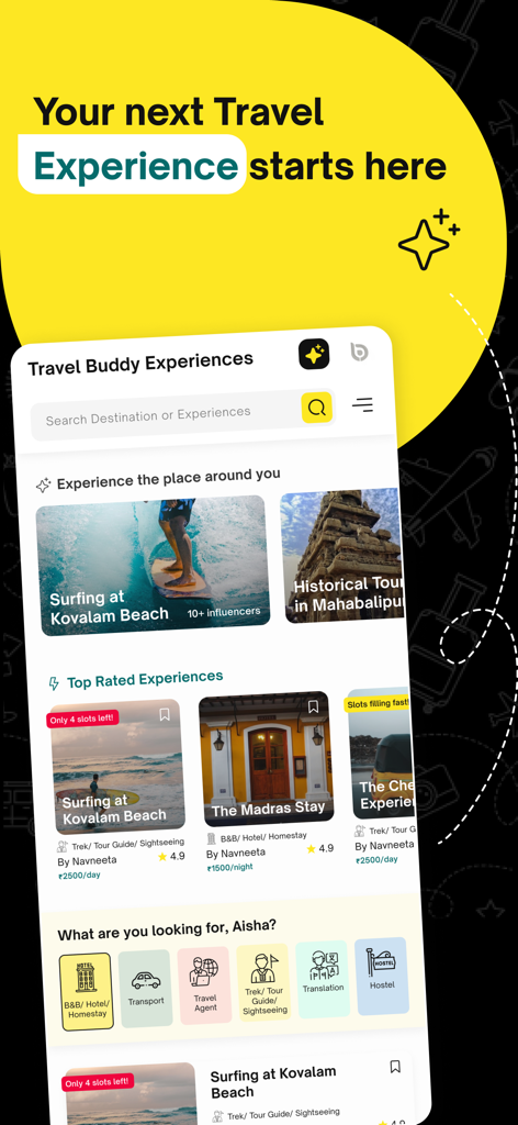 Travel Buddy mobile app screen showing available travel experiences tours and stays