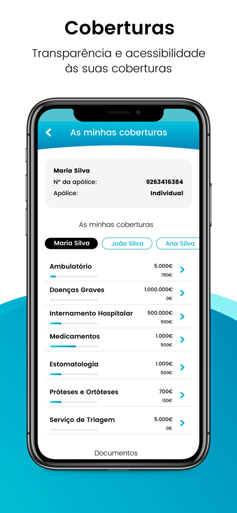 Pantalla de la aplicación móvil que muestra los detalles de la cobertura del seguro de salud y los límites para varios servicios médicos.