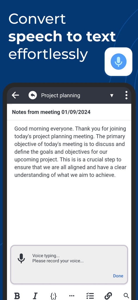 Interfaz de la aplicación Joplin que demuestra la transcripción de voz a texto para notas de reuniones