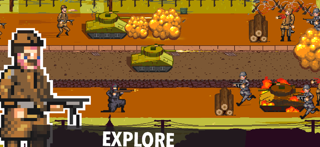 World Warfare 1944: WW2 Game - Pixel art World War 2 strategy gameplay showing soldiers and tanks in a battlefield setting