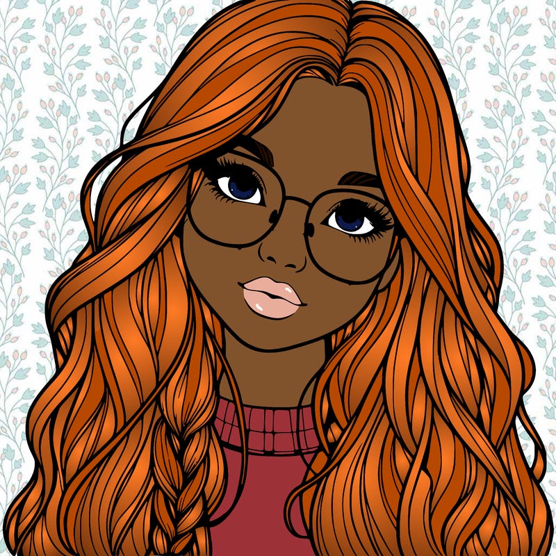 girl with long hair and freckles and glasses realistic