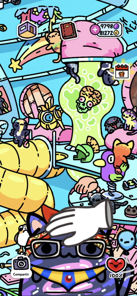 Un jugador acariciando a un lindo gato morado con gafas de sol en una habitación llena de tesoros coloridos y coleccionables.