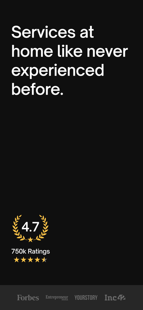 Urban Company app splash screen highlighting its 4.7 star rating and features in media outlets like Forbes and Entrepreneur