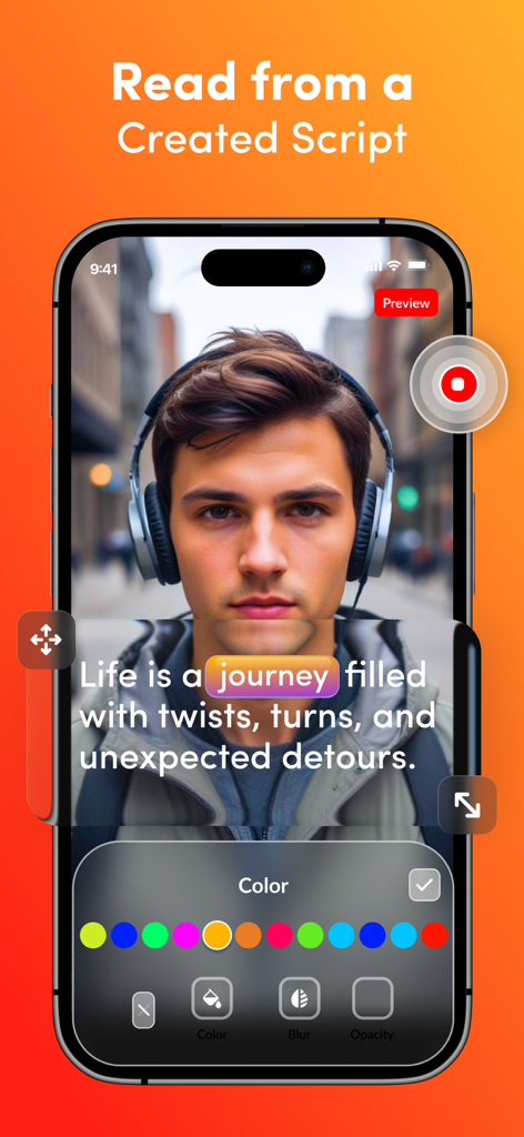 Teleprompter :Video Recording· - iPhone screen showing the Teleprompter app interface with a video recording session and a scrolling script overlay.