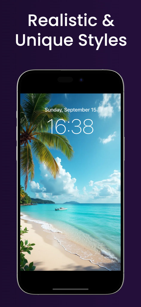 Art AI: Wallpaper Generator - Fondo de pantalla de playa generado por IA realista en un teléfono móvil