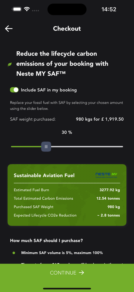 Victor app checkout screen showing the Sustainable Aviation Fuel slider and carbon emission reduction stats.