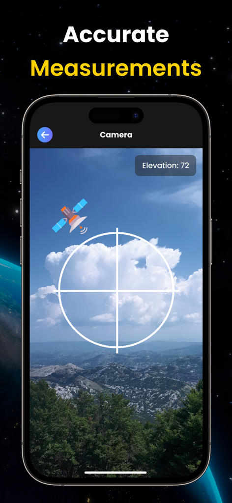 Aplicativo Localizador de Satélites no modo Câmera AR mostrando uma sobreposição de satélite e medição de elevação sobre uma paisagem montanhosa