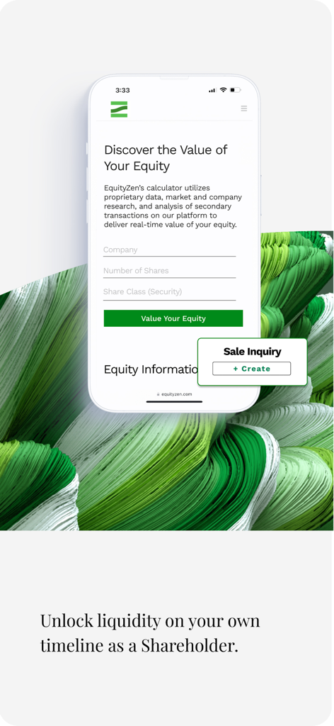 EquityZen mobile app screen showing a shareholder equity valuation tool
