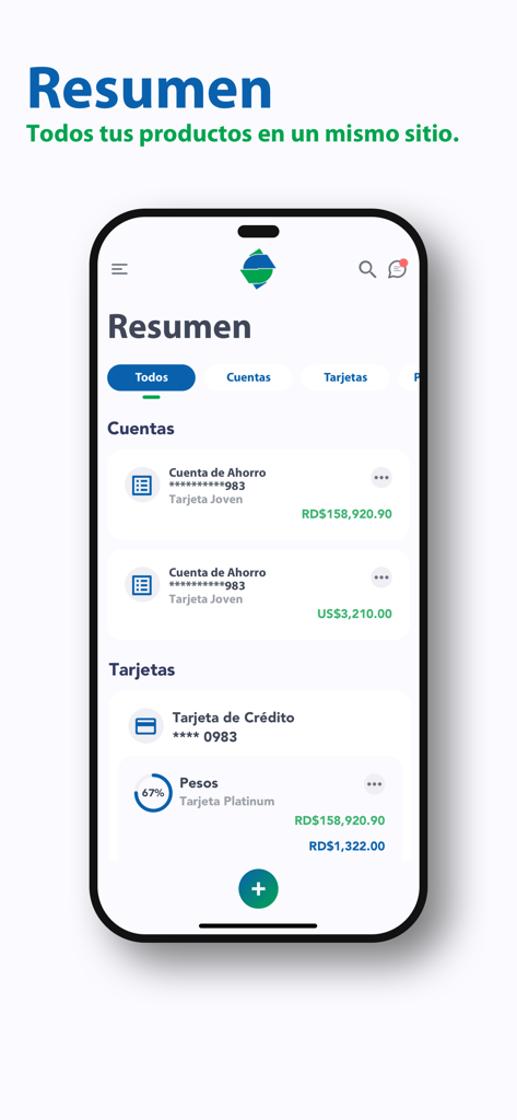 App BSC - Summary screen of the Banco Santa Cruz app showing accounts and cards