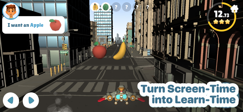 Plingo: English - A child flying a spaceship through a city to collect fruits while learning English vocabulary in the Plingo app.