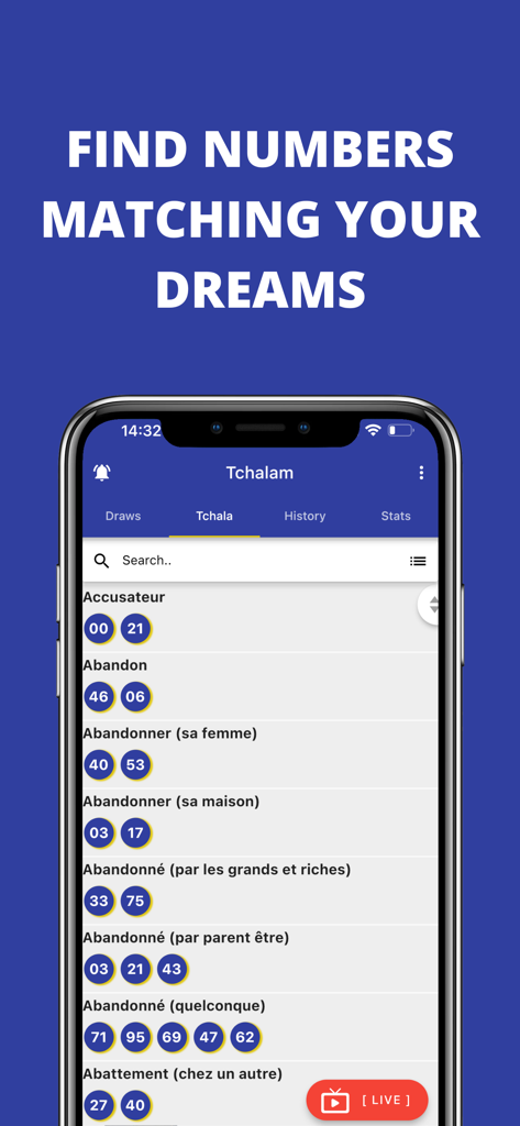 Tchalam - Tchalam app screen showing a list of dream keywords and their corresponding lucky lottery numbers