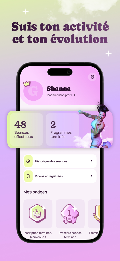 Fitness Camp: Sport, Nutrition - Interfaz de la aplicación móvil Fitness Camp que muestra el perfil del usuario y el seguimiento del progreso del entrenamiento