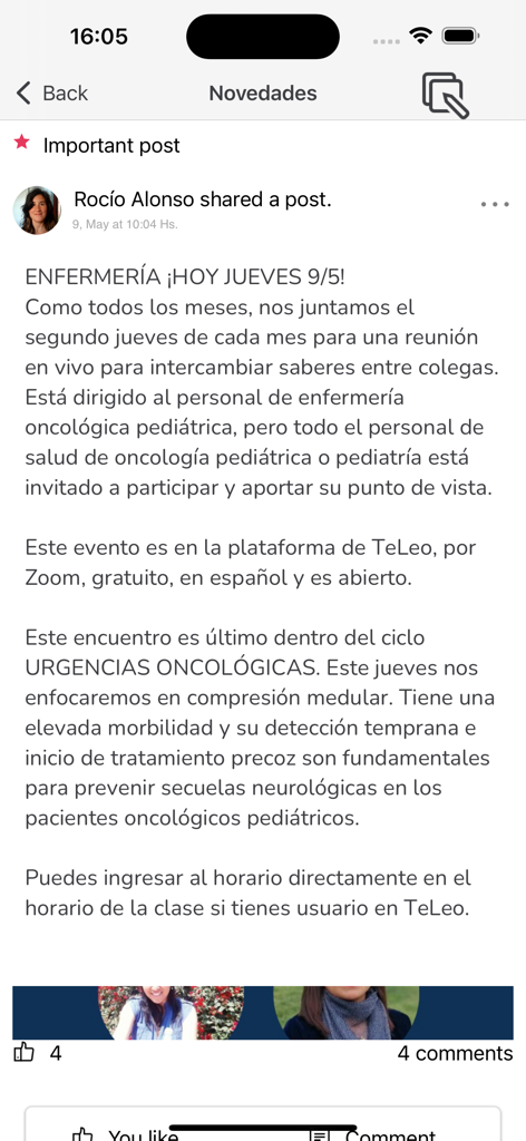 TELEO App - 小児がん専門家向け看護師ライブミーティングを発表するTELEOアプリのコミュニティ投稿のスクリーンショット