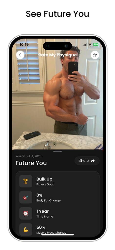 Screen of the Rate My Physique app displaying the Future You AI physique generator with muscle mass goals