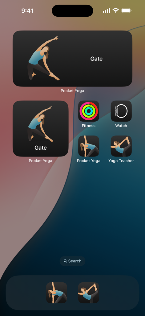 Pocket Yoga - Pocket Yoga widgets on an iPhone home screen showing the Gate pose illustration.