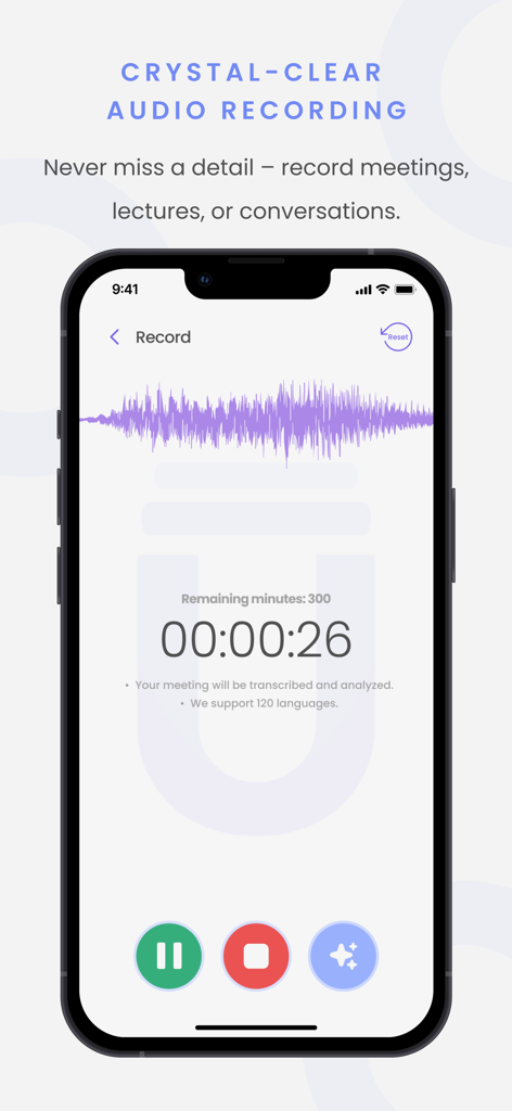 Interfaz de grabación de audio de la app Lugh que muestra una onda de sonido morada y un temporizador de reunión.