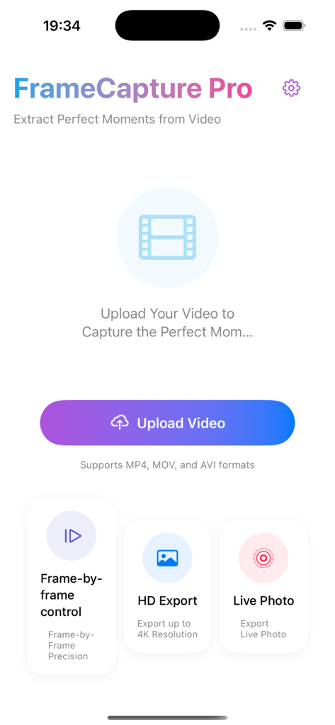 Video Frame Capture Pro - Pantalla de inicio de la aplicación Video Frame Capture Pro que muestra un botón para subir vídeo y funciones como control fotograma a fotograma, exportación HD y conversión de Live Photo.
